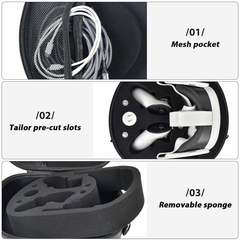Comecase حقيبة حمل صلبة متوافقة مع سماعة الواقع المختلط ميتا كويست 3/ كويست 3S، حقيبة تخزين للسفر لسماعات الألعاب VR لحوامل التحكم والإكسسوارات مع حزام كتف وجيب - أسود - Image 2